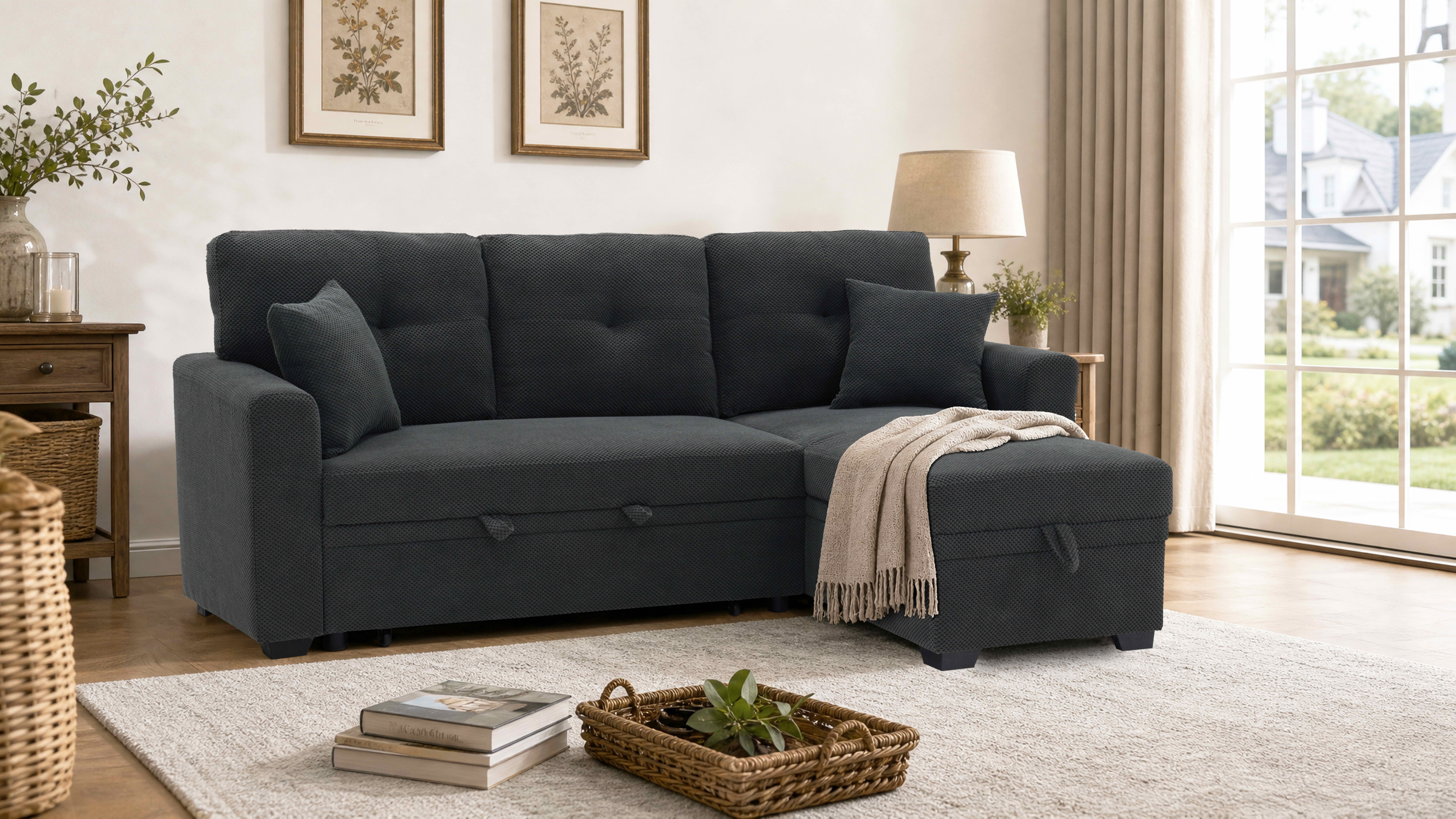 MAYEERTY L‑Shaped Sleeper Sectional Sofa, Convertible Pull‑Out Bed with Reversible Storage Chaise, Dark Gray Breathable Polyester Fabric for Small Living Spaces