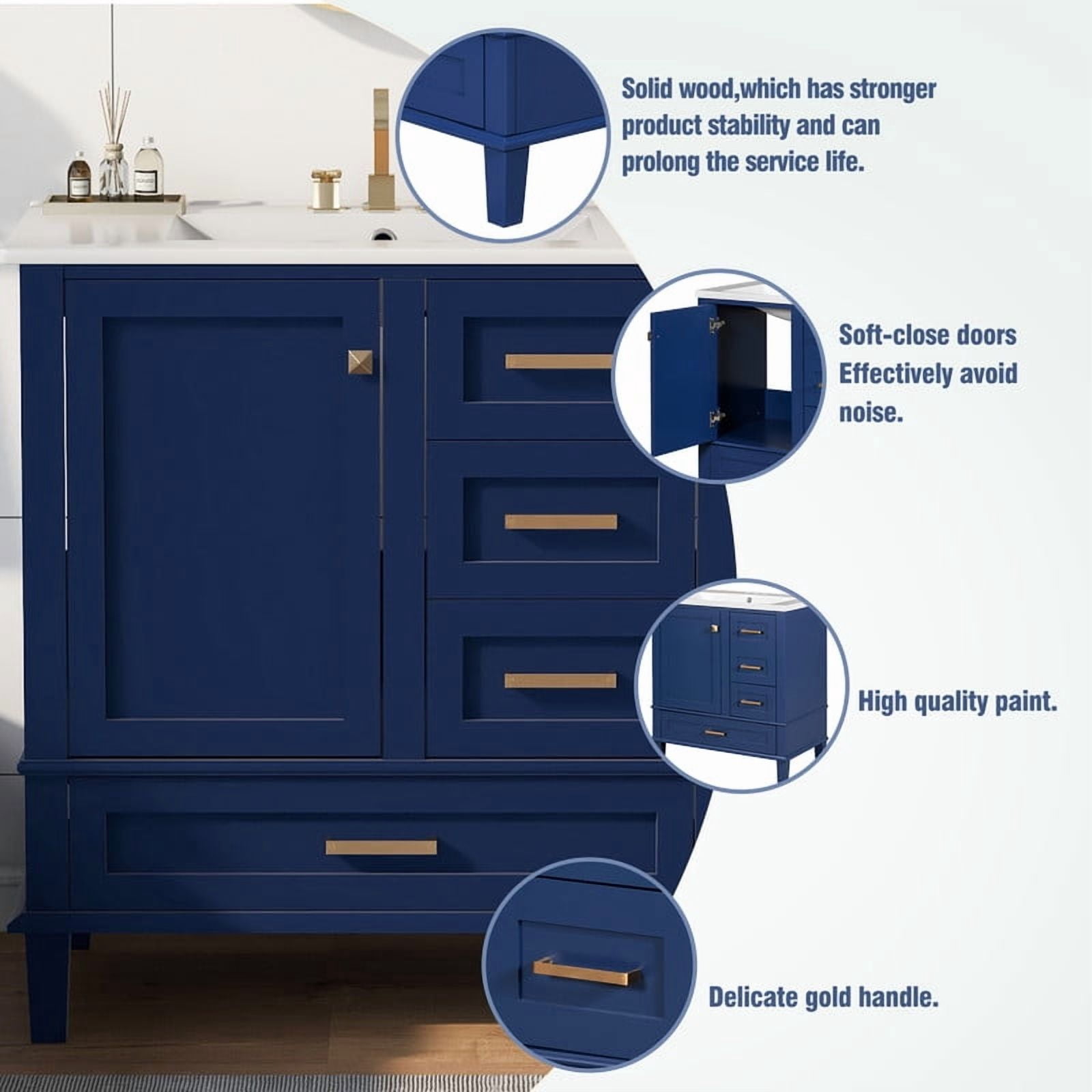 Bellemave 30" Bathroom Vanity with Sink, Cabinet with Sink Combo Set with Top, Bathroom Storage Cabinet with 3 Drawers and 1 Soft Closing Door, 30 Inch Vanity with Sink for Bathroom（Blue）