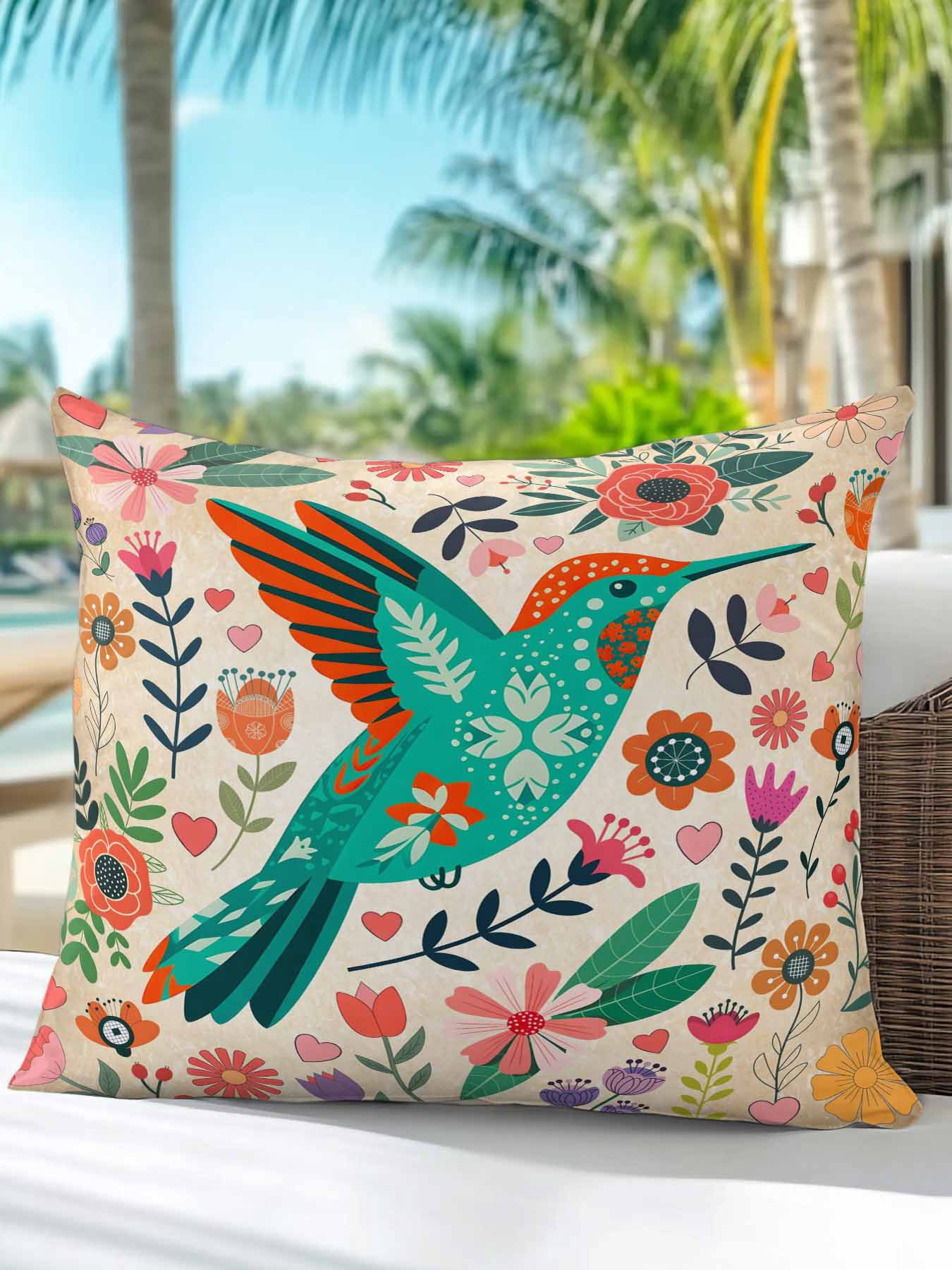 1 Pack Outdoor Pillows Waterproof, Turquoise Birds Indoor/Outdoor Throw Pillows with Inserts, Retro Farmhouse Colorful Flowers Herbs Decorative Pillow for Patio Furniture Chairs Couch