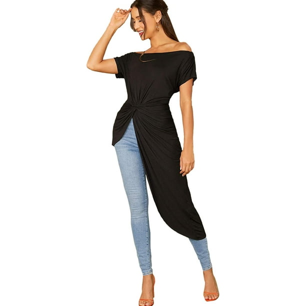 Blusa Elegante asimétrica para Mujer con Hombros Descubiertos, Parte Delantera y Lisa, Alta y Baja, Rojo Rosa, S Negro - M Negro - M Xishao ropa
