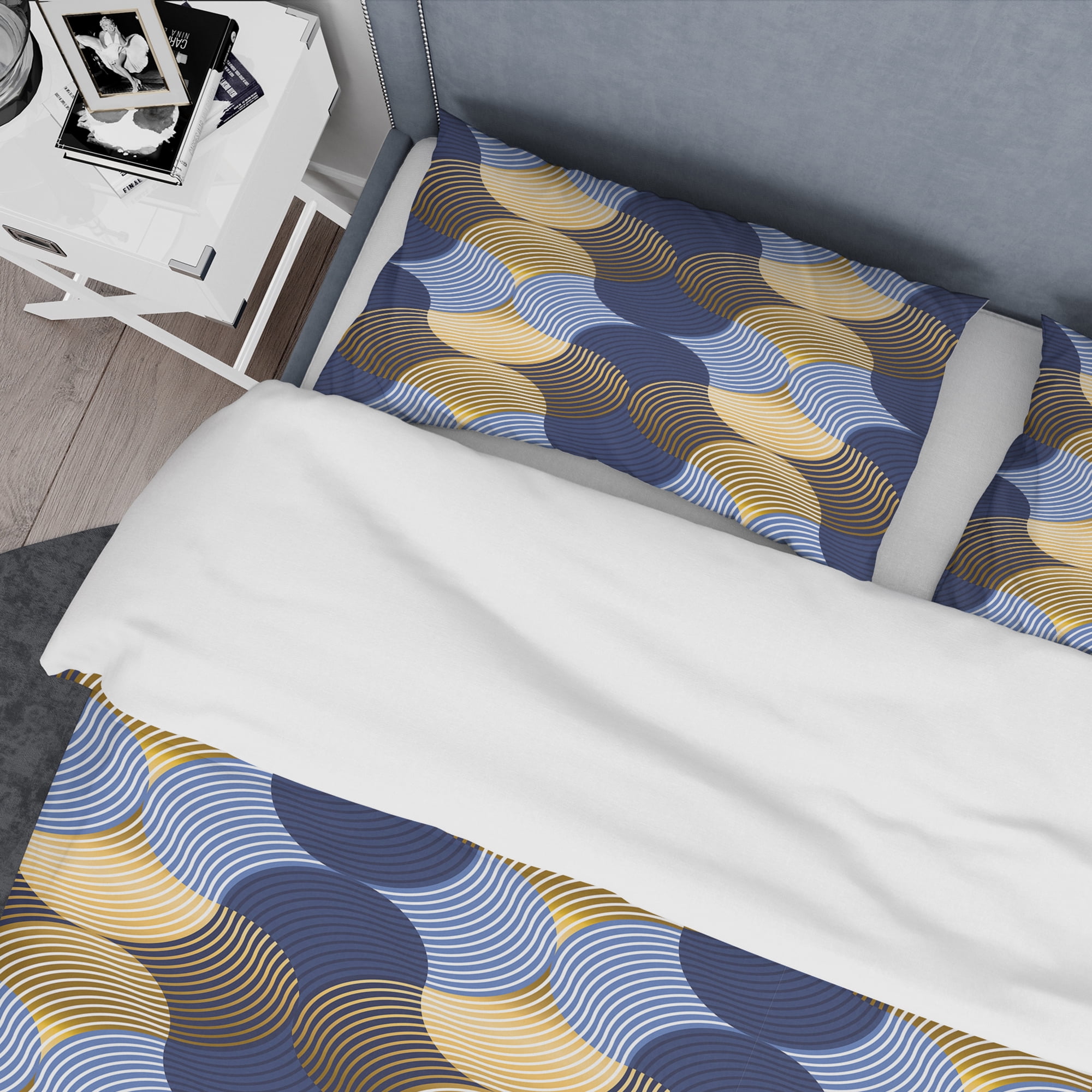 Designart 'Retro Luxury Waves In Gold And Blue II' Mid-Century Modern Duvet Cover Set