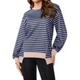 thumbnail image 3 of Siliteelon Womens Striped Oversized Sweatshirt Crew neck Long Sleeve Side Slits Pullover Tops Casual Fall Fashion Outfits Clothes Black-Blue, 3 of 7