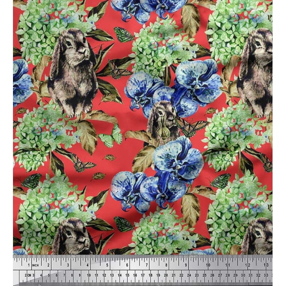 Soimoi Satin Silk Fabric Rabbit,Lilac & Pansy Floral Print Fabric by Yard 42 Inch Wide
