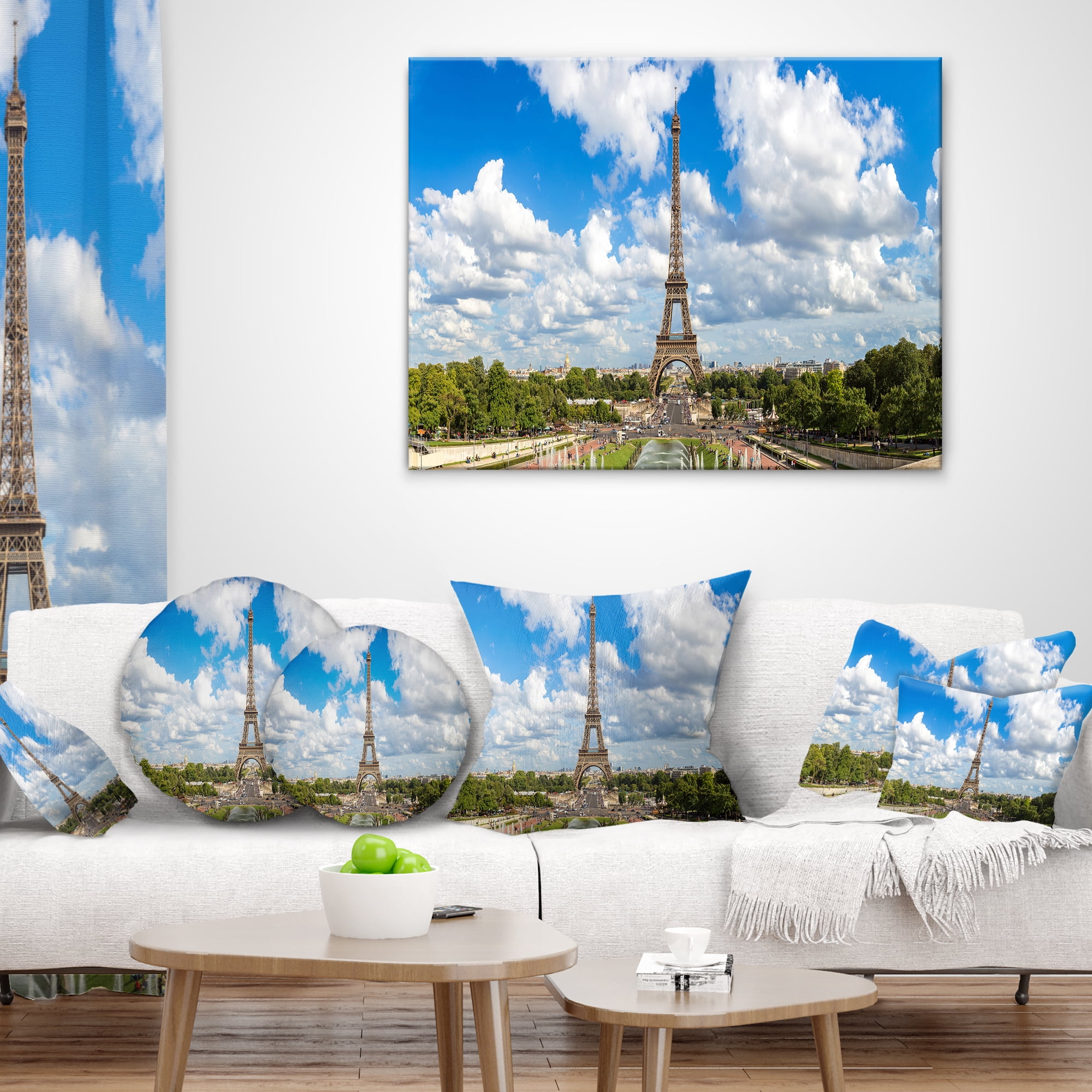 Designart Panoramic Paris Paris Eiffel Towerunder Clouds - Cityscape Throw Pillow - 18x18
