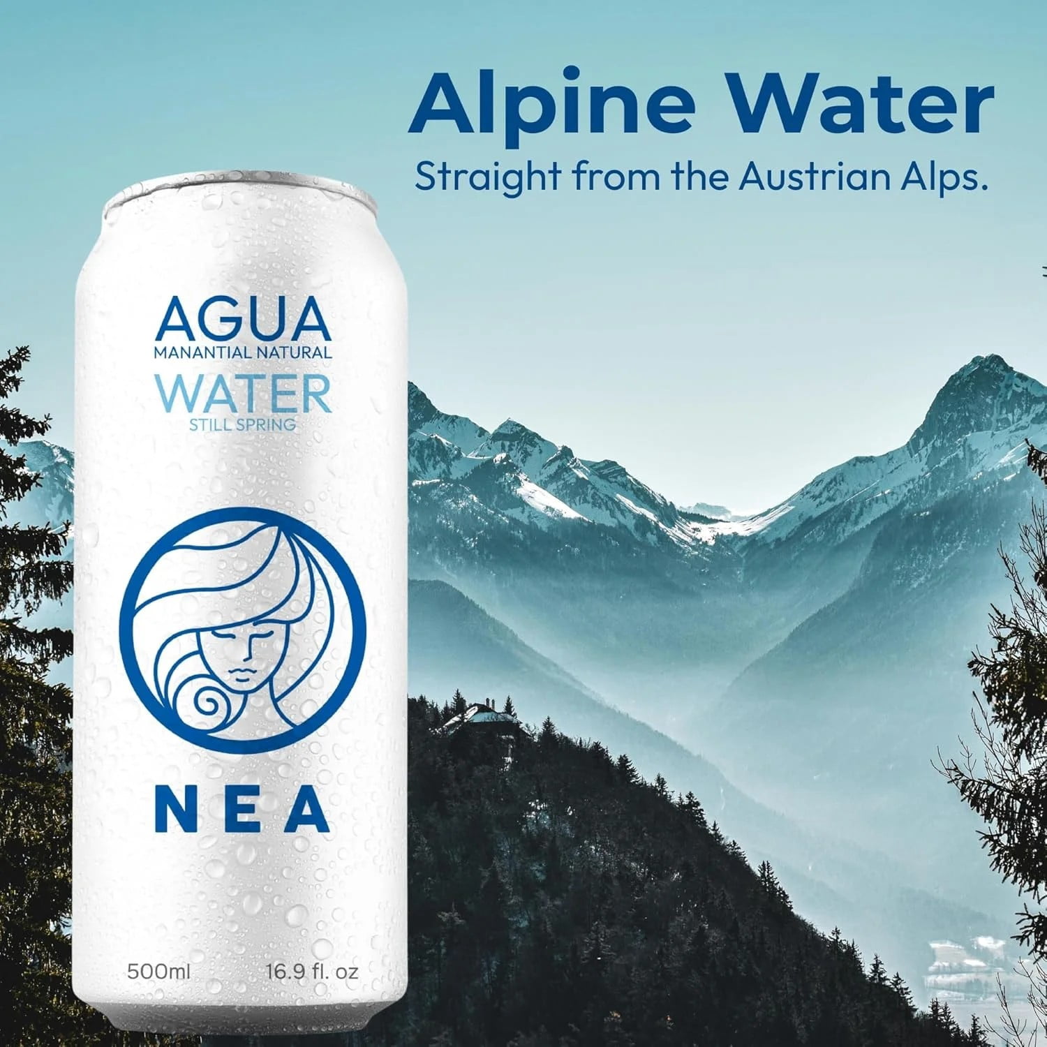 NEA Canned Water Cans 12 Pack, Austrian Alps Spring Mineral Water, 16.9 fl oz, Boxed