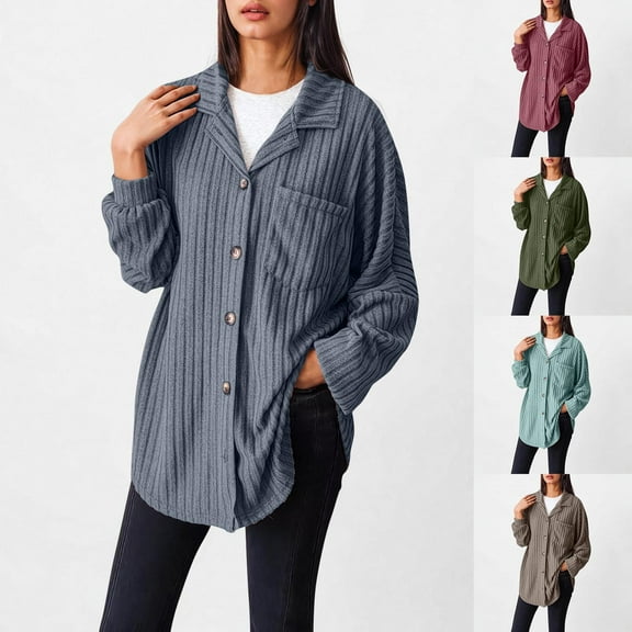 Olyvenn Womens Tops Button Down Shirts Spring Long Sleeve Lapel Neck Jacket Loose Ribbed Knit Work Blouses with Pocket Coffee 8