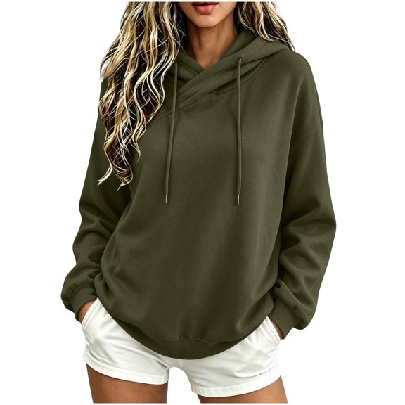 Horkkom Hoodies for Women Casual Comfort Drawstring Hoodie Solid Color Fall Winter Pullover Sweatshirts L