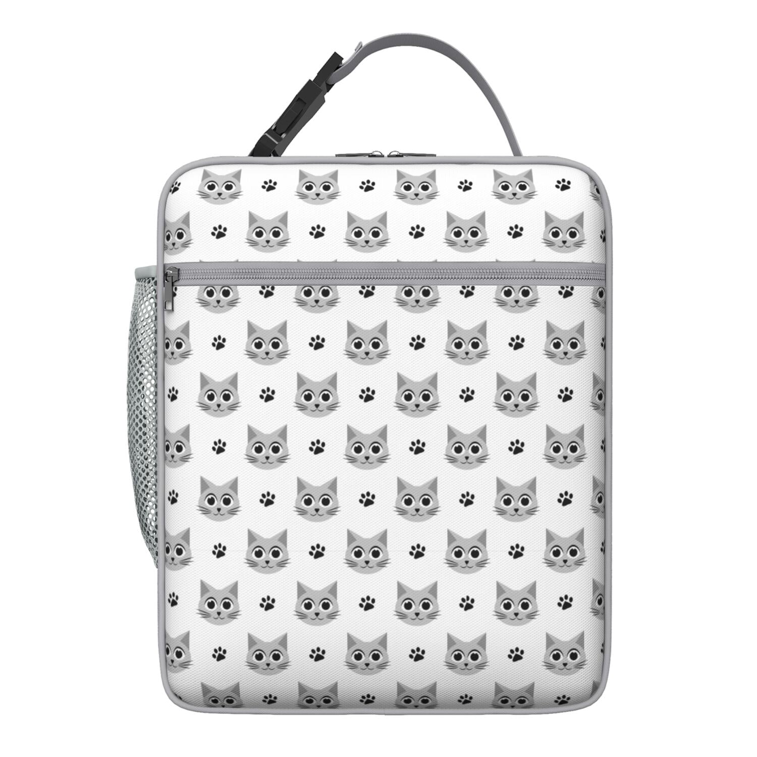 Hand-Drawn Cat Print Lunch Tote, Funny Cat Artwork with Paw and Flower Design, Watercolor Cat Print, Insulated Bento Cooler for Pet Lovers, School, Office