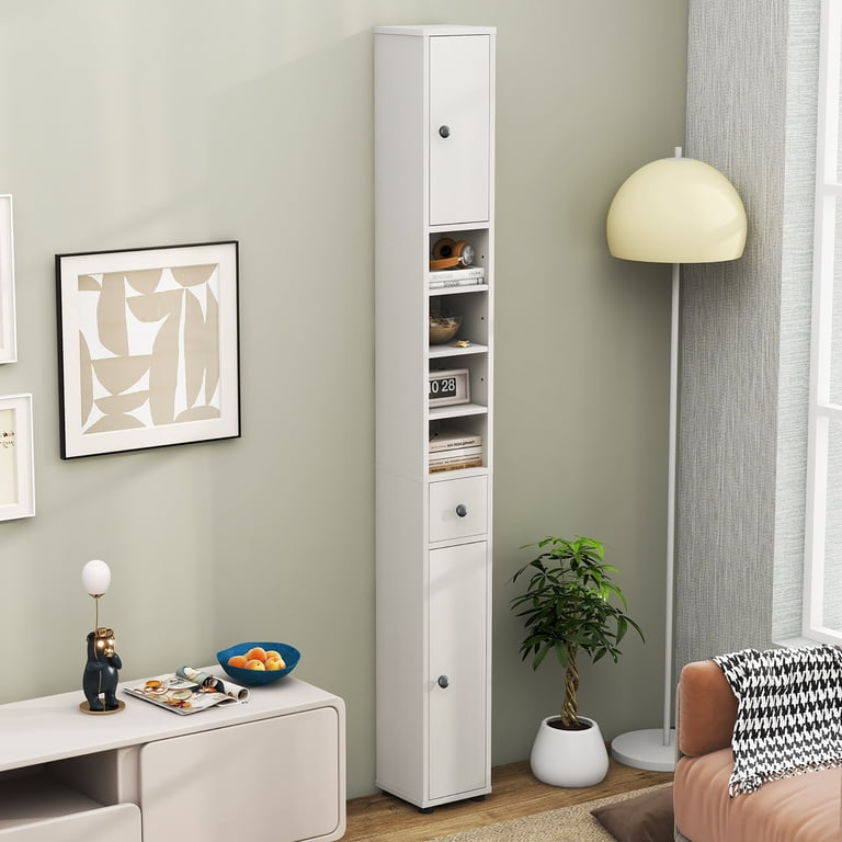 Gymax Bathroom Storage Cabinet, Narrow Linen Tower with Drawer Gymax Bathroom Storage Cabinet, Narrow Linen Tower with Drawer