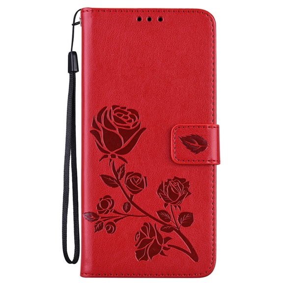 For iPhone 12 Case Embossed Rose Pattern Leather Magnetic Flip Stand Card Holder Wallet Case Cover with Hand Strap