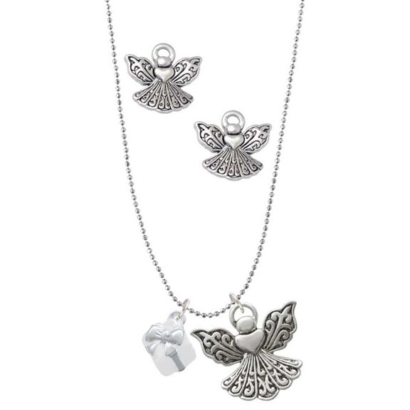 Delight Jewelry Silvertone Small 3-D White Present Box with Bow Silver tone Guardian Angel Charm Necklace and Stud Earrings