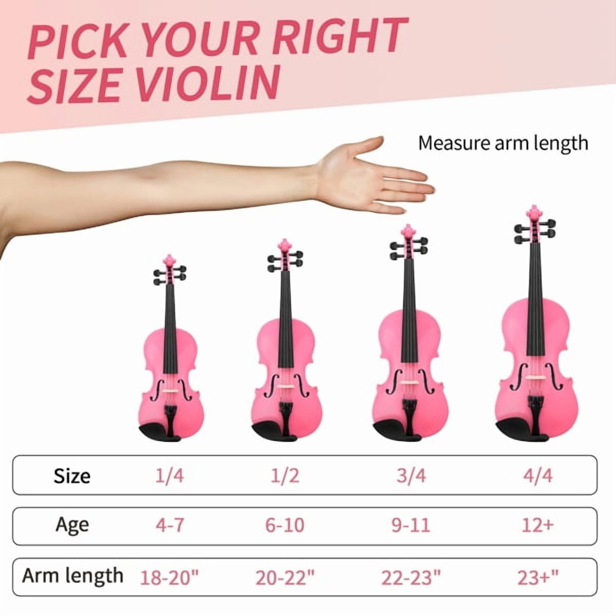 imerelez 3/4 Size Acoustic Violin Starter Set, Pink Basswood Body with Maple Top, Bow, Case & Rosin for Beginner