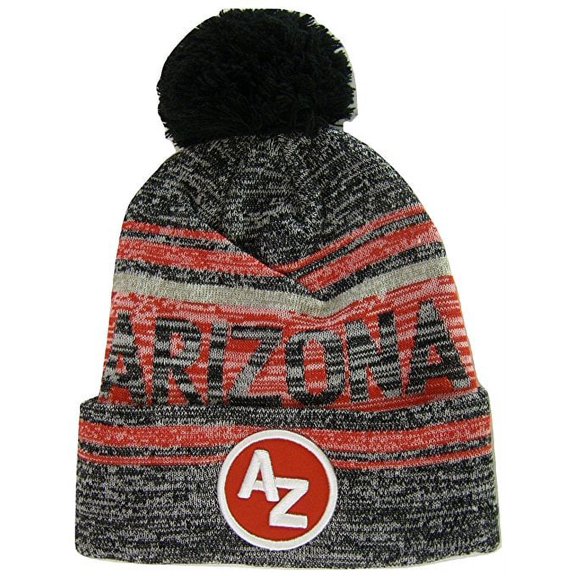 Arizona AZ Patch Fade Out Cuffed Knit Winter Pom Beanie Hat (Black/Red)