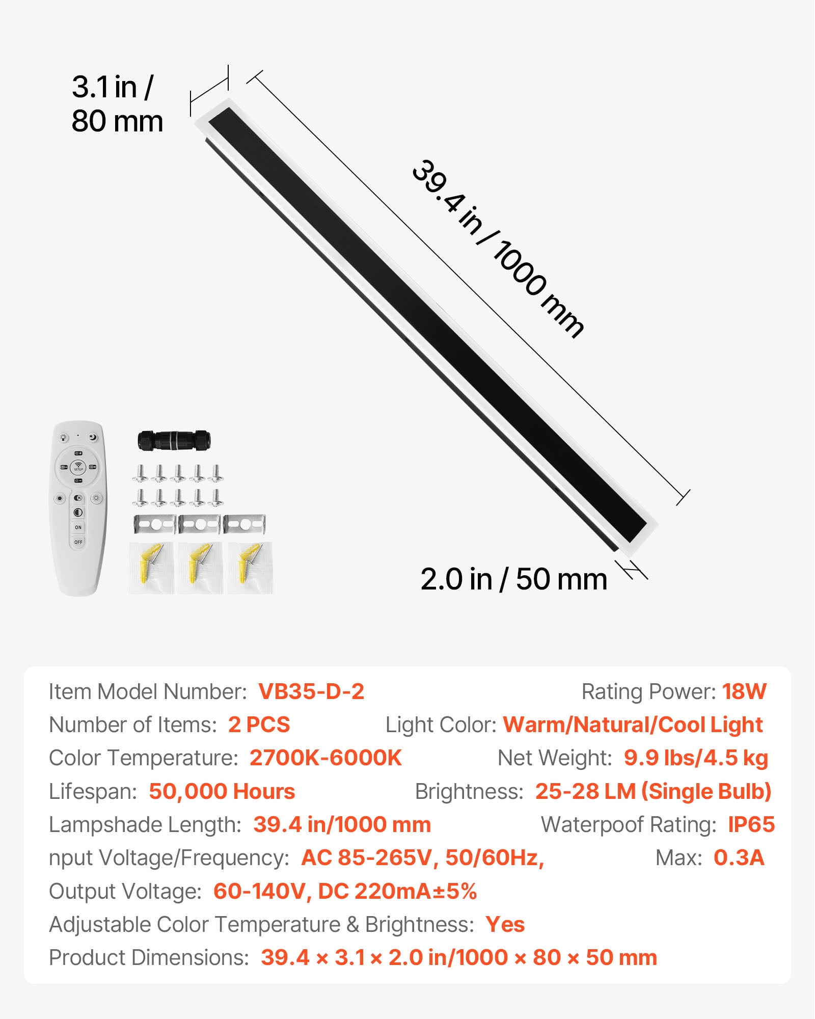 VEVOR Outdoor Wall Lights, 2 Pack,39.4 Inch Long Strip Modern Exterior Wall Sconce Light Fixtures, 2700K-6000K, IP65 Waterproof Anti-Rust, Dimmable Outside Wall Mount Lighting, for House Porch Garage