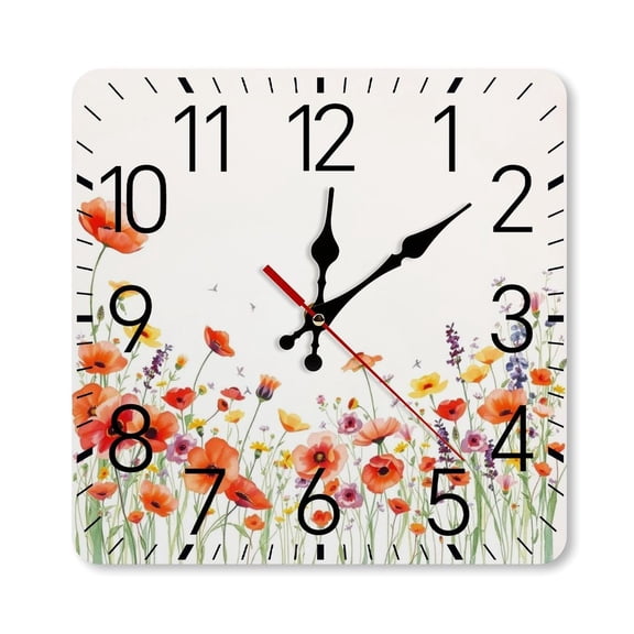 RKSupls 10×10inch Square Silent Wall Clock Wooden Frame, Wildflower Field Border Scale Decorative Clock for Home Bedroom Living Room Office