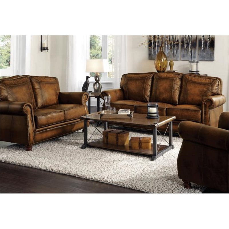 Coaster Montbrook 2 Piece Leather Sofa Set in Brown