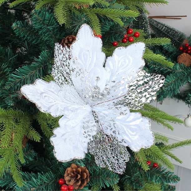 Decoración navideña con lentejuelas y flores | Arreglo floral de nailon artesanal con encaje, cascabeles y bordes dorados | Elegante adorno para árbol de Navidad para decoración navideña