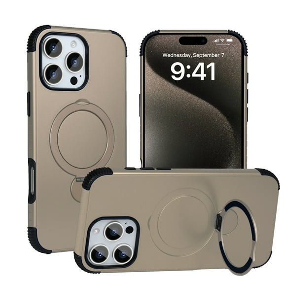 Allytechgroup Shockproof Magnetic Phone Case for Apple iPhone 16 with 360° Rotating Ring Kickstand, Compatible with Magsafe Slim Hard Back Cover Wireless Charging for Women Men,Desertgold