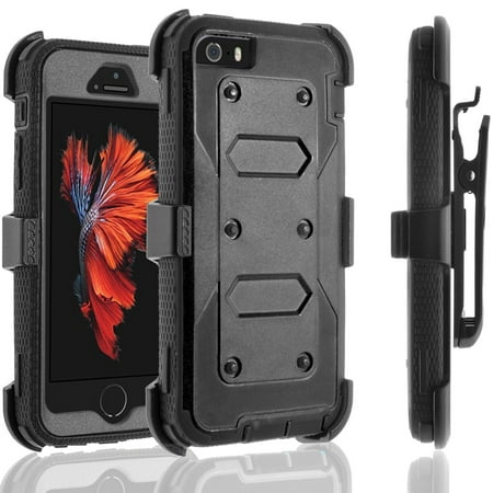 iPhone SE Case, iPhone 5 Case, iPhone 5S Case, [SUPER GUARD] Dual Layer Protection With [Built-in Screen Protector] Holster Locking Belt Clip+Circle(TM) Stylus Touch Screen Pen