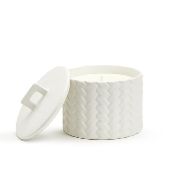 Two's Company White Basketweave Filled Candle With Fig Scent