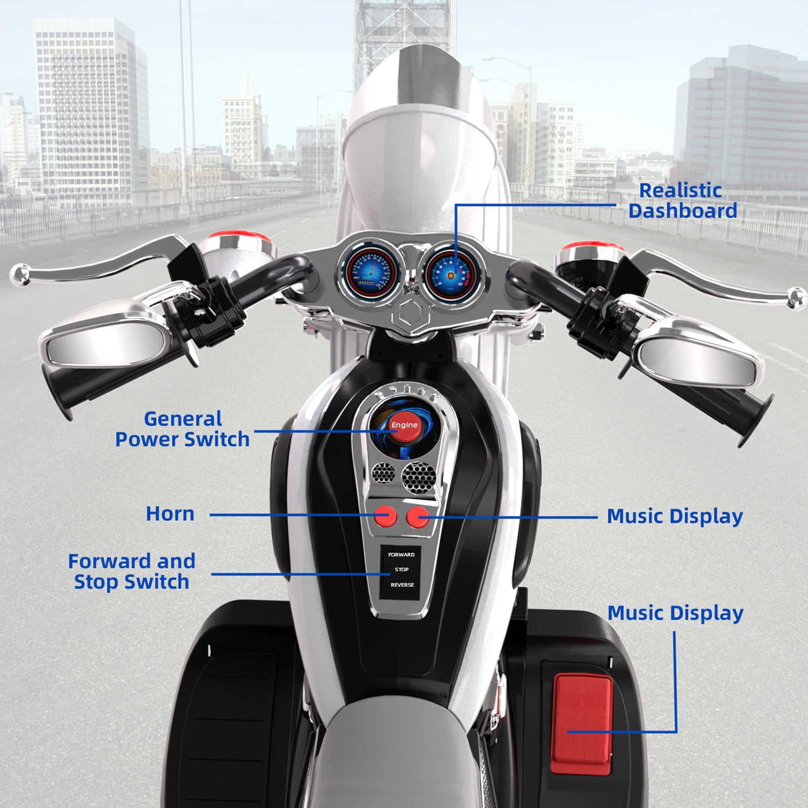 XJD Kids Electric Motorcycle, 6V Battery Powered Ride on Chopper Motorcycle with Horn, Headlights, 3 Wheels Electric Motorcycle for Children, White