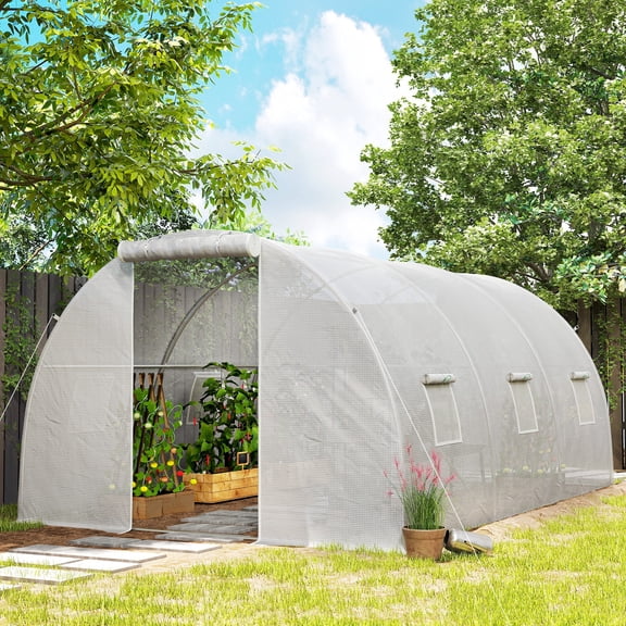 Outsunny 15' x 10' x 6.6' Tunnel Greenhouse, Walk-in Greenhouse with 2 Support Rods, Roll-Up Door & Mesh Windows, PE Cover, Steel Frame, White