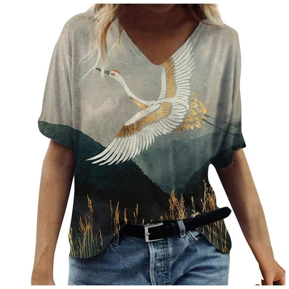 Summer Women Loose Fit Top Trendy Print Short Sleeve T-shirts Casual V Neck Plus Size Blouse Comfy Sexy Tunic Tee