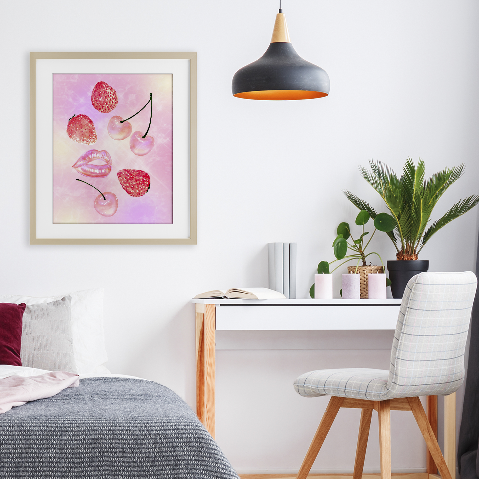 Pink Fruits and Kisses Birch Framed Print Under Glass, design by Ziwei Li