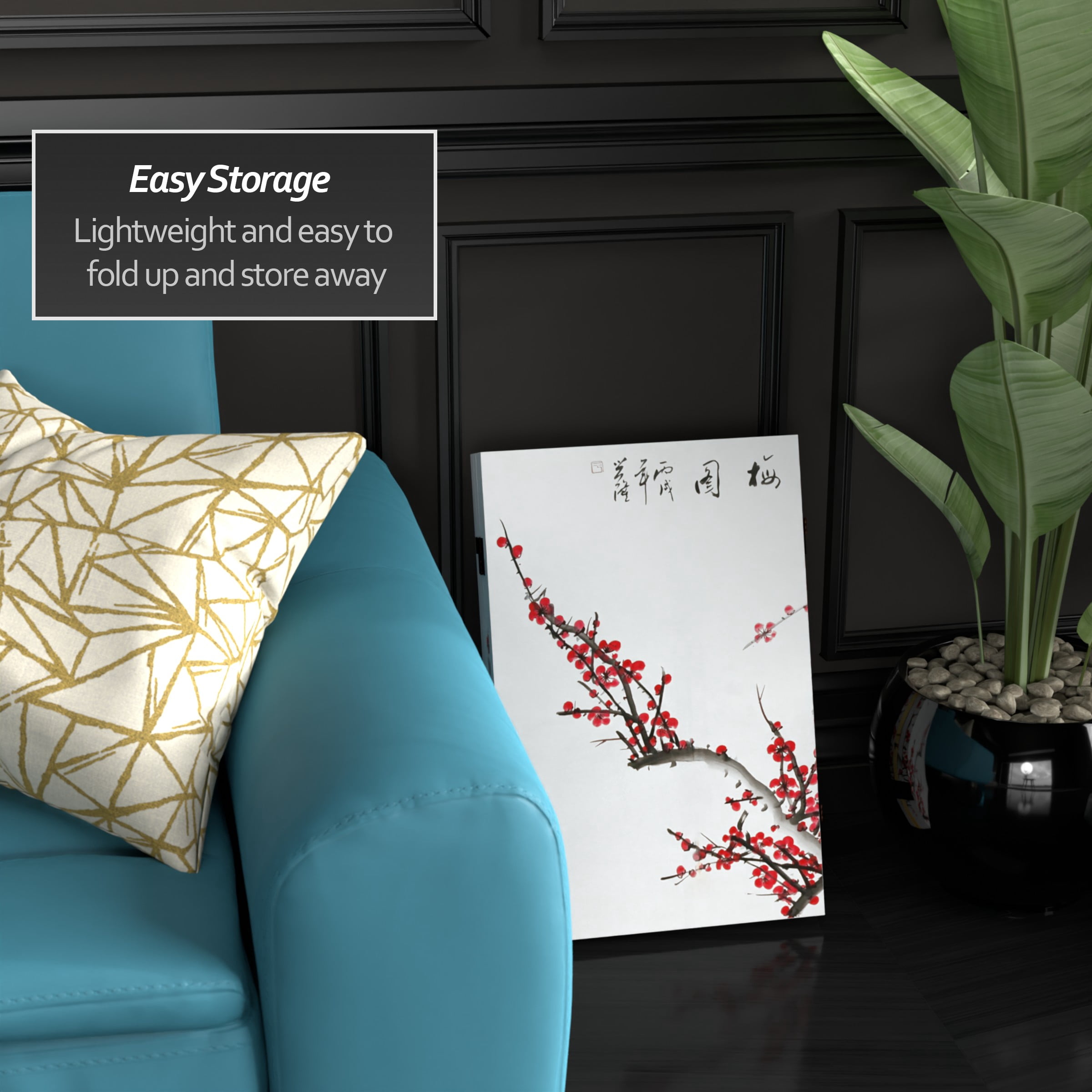 2 ft. Short Double Sided Plum Blossom Canvas Folding Screen