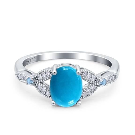 Genuine Natural Arizona Sleeping Beauty Turquoise Size-5 Art Deco Oval Vintage Style Split Shank Leaf Design Beaded Aquamarine CZ Wedding Engagement Ring 925 Sterling Silver