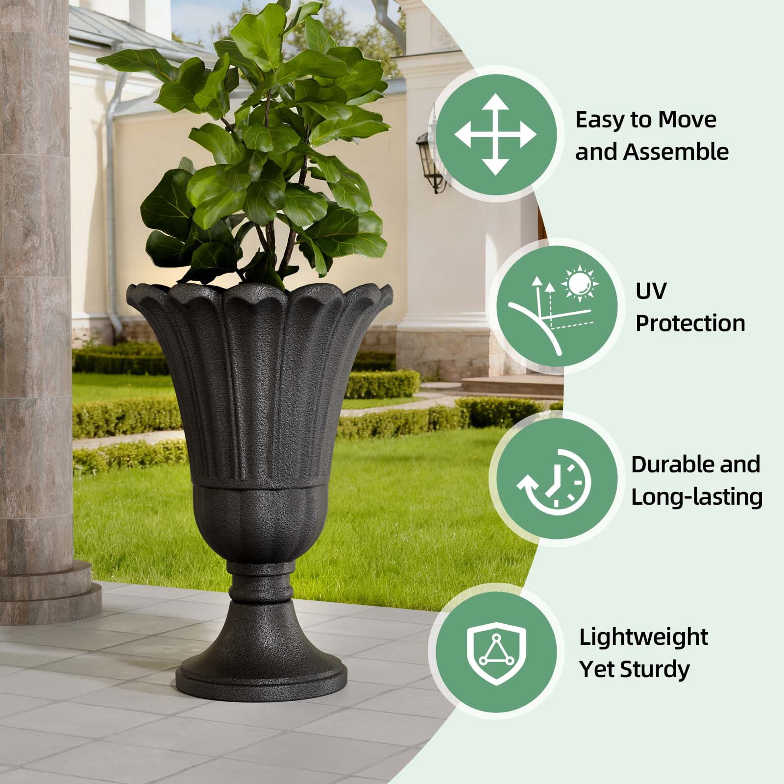 Chiccushion 23.6" Large Urn Planters for Outdoor Plants, Set of 2 Plastic Flower Pot for Wedding Party Bridal Shower Garden Patio Home Decor, Black