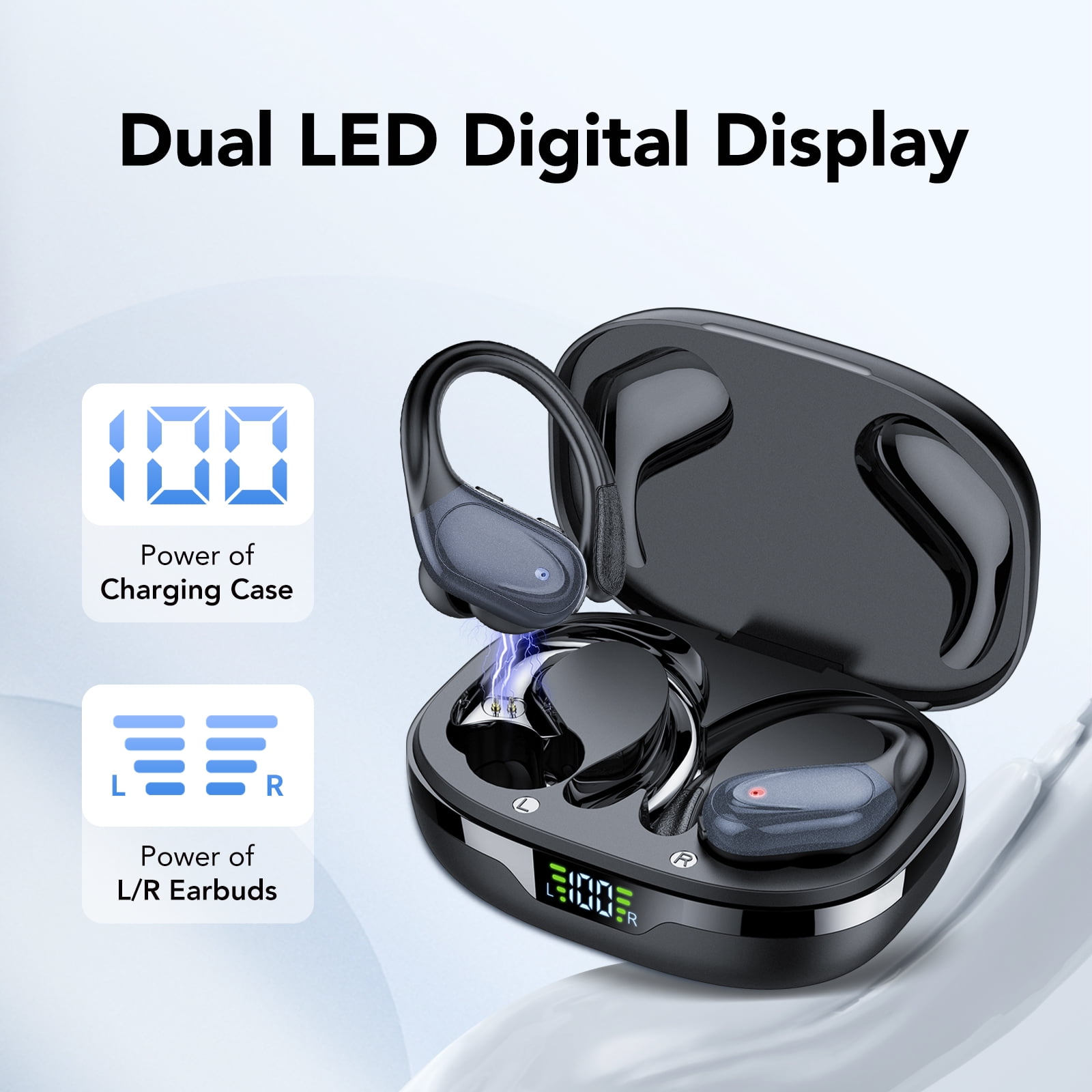 Wireless Earbuds Bluetooth Headphones with Earhooks, 60H Playtime LED Display, Deep Bass Over Ear Buds, IPX7 Waterproof Sport Earphones Built-in Mic for iPhone Android Running Gym, Black