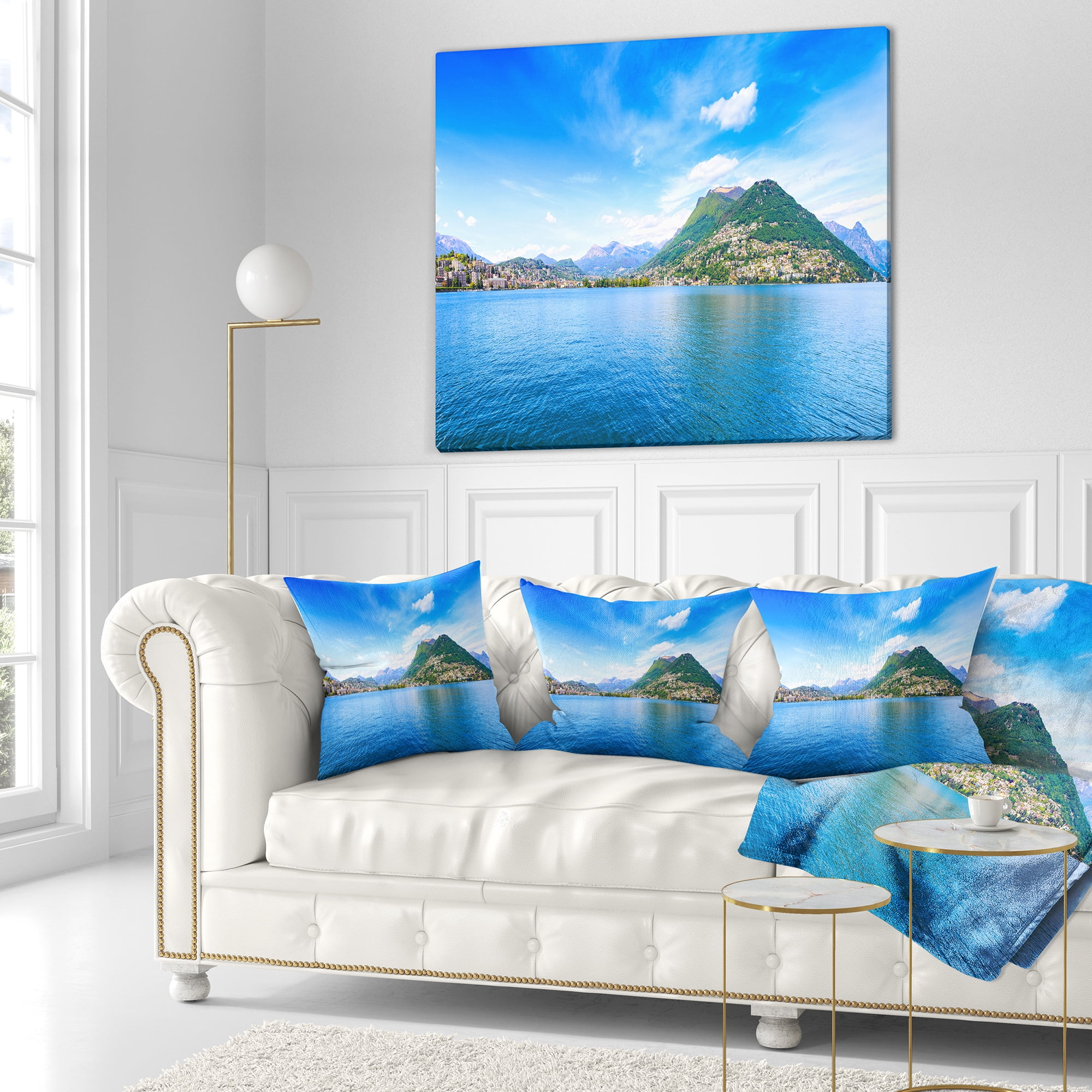 Designart Lugano Lake Ticino Panorama - Seashore Throw Pillow - 18x18