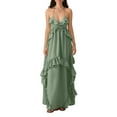 thumbnail image 3 of Women Halter V Neck Ruffle Maxi Dress Fashion Boho Tiered Flowy Long Dresses Summer Beach Outfits, 3 of 8