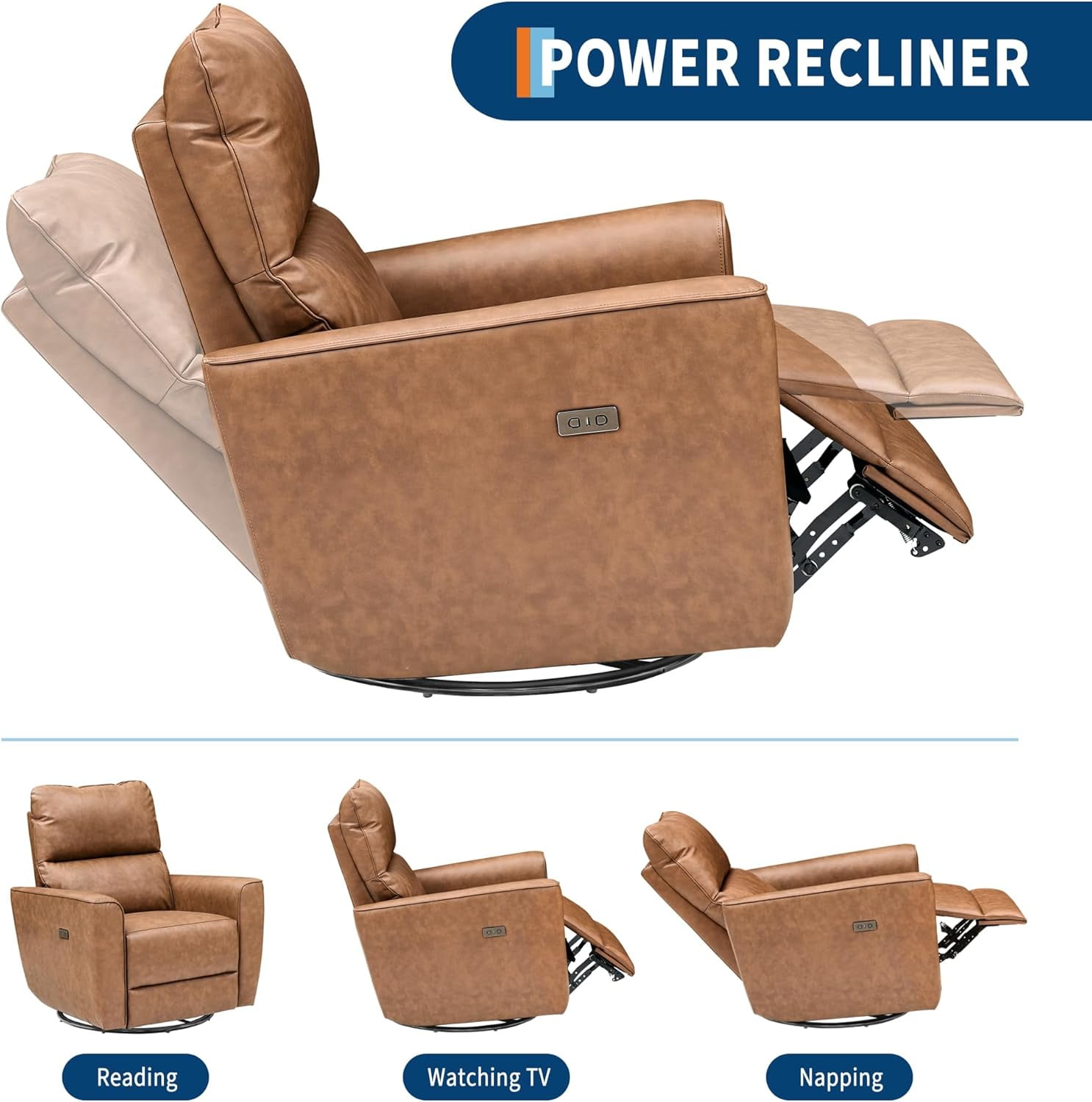 Power Recliner Chair 270° Swivel Rocking Glider with USB Port PU Leather Upholstered Nursery Chair with Adjustable Backrest for Living Room Office Home Theater and Nursery