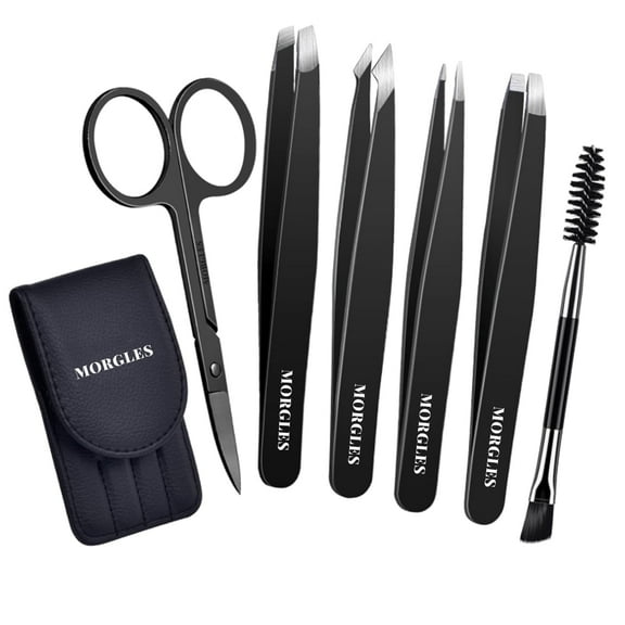 MORGLES Eyebrow Tweezers Set and Curved Scissor, Professional Stainless Steel Tweezers for Women and Men, Splinter and Ingrown Hair Removal