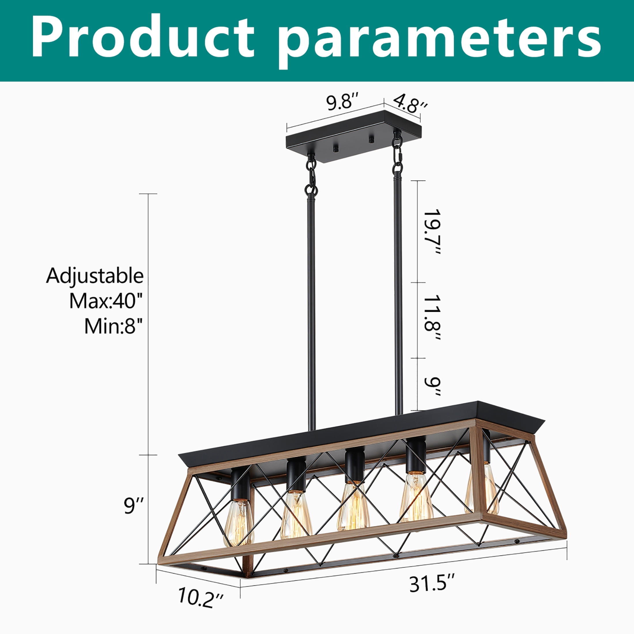 GDF Studio 5-Light E26 Farmhouse Chandelier, Rustic Kitchen Island Pendant Light with Adjustable Height, Walnut