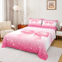 Homewish Flying Bow Knot 3pcs Twin Sheet Sets For Children Teens Female,Stars Bling Glitter Twin Fitted Sheet,Gradient Ombre Pink Breathable Flat Sheet,Microfiber Bedroom Decor