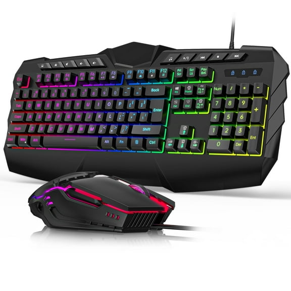 Gaming Keyboard and Mouse Combo, LED RGB Backlit Wired Keyboard 114 Keys Mechanical Feel Anti-ghosting Keyboard & 7 Colors Mouse with 12 Multimedia Keys for Windows/XP/Vista PC Laptop Computer Gamer
