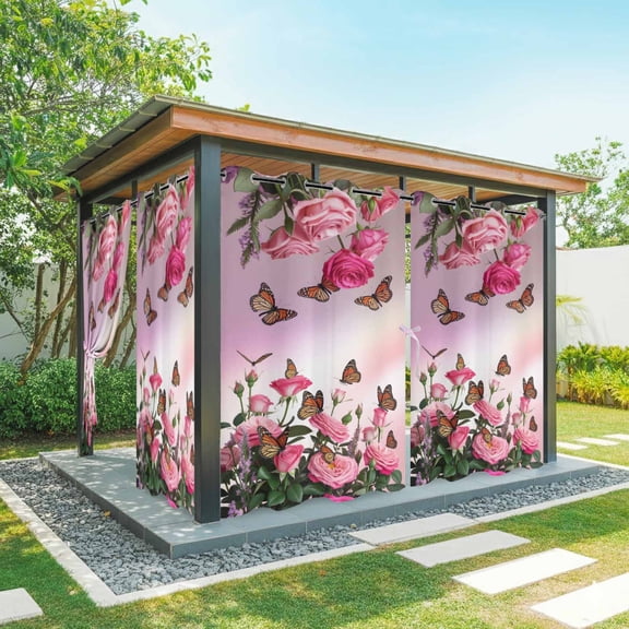 Outdoor Curtains for Patio Waterproof, Pink Roses Outdoor Privacy Panels Grommet, Spring Floral Butterflies Watercolor Modern Art Blackout Outside Curtains for Porch/Cabana 54"x95", 1 Panel