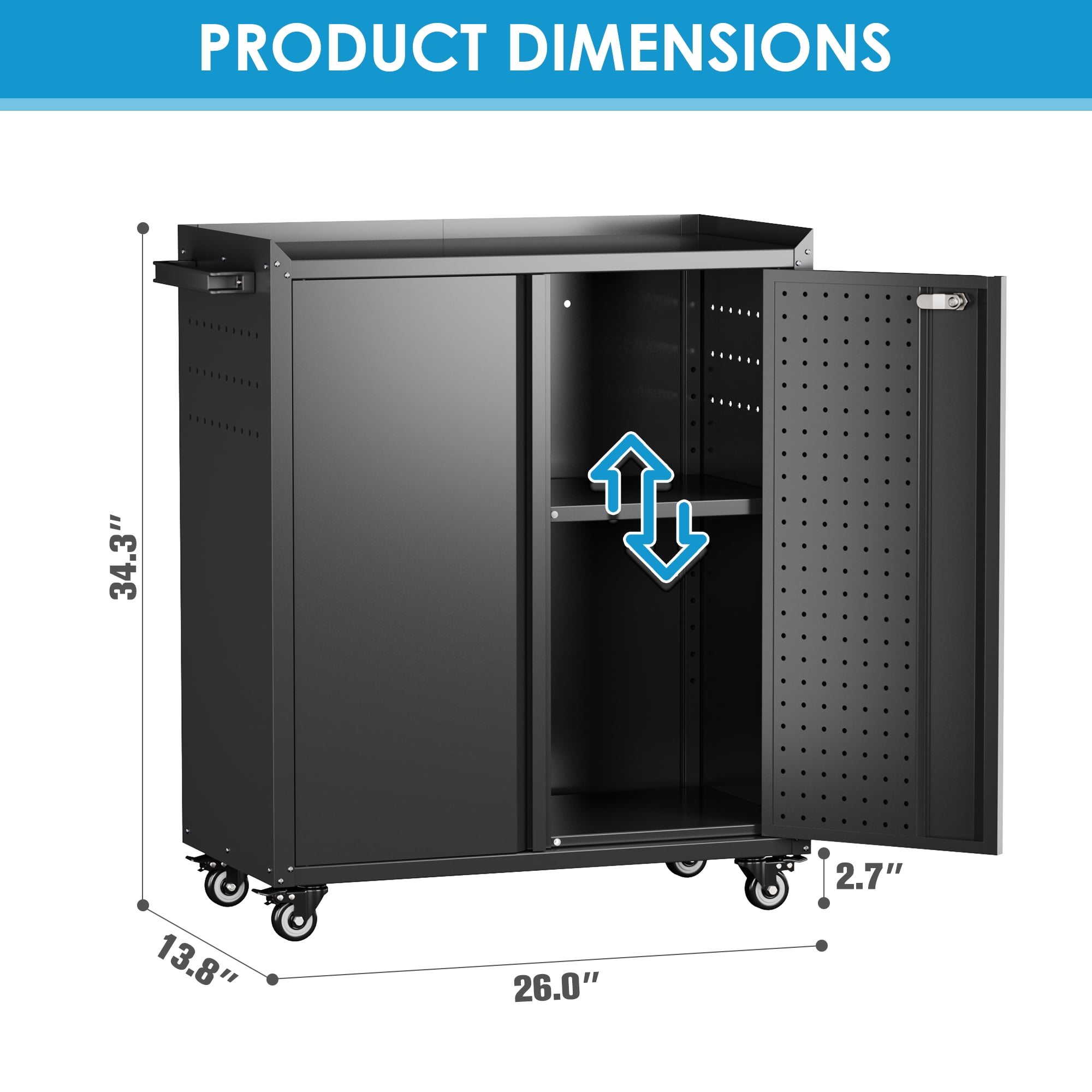 GANGMEI Metal Garage Storage Cabinet with 1 Handle & Pegboard, 31.5" H Workbench Mobile Tool Chests,  Lockable Tool Cabinets for Home,Office,Shop, Assembly Required