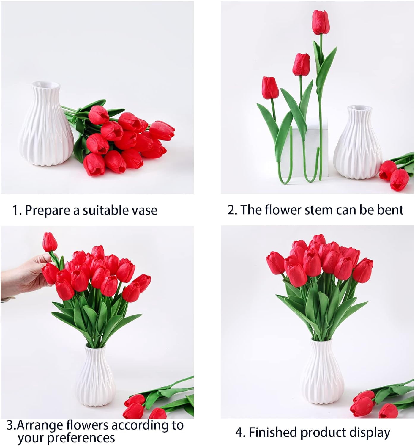 Morttic 24pcs Artificial Tulips Flowers Fake Faux PU Tulip Bouquet Real Touch Flowers Table Arrangement for Home Room Office Party Wedding Decoration (Red)