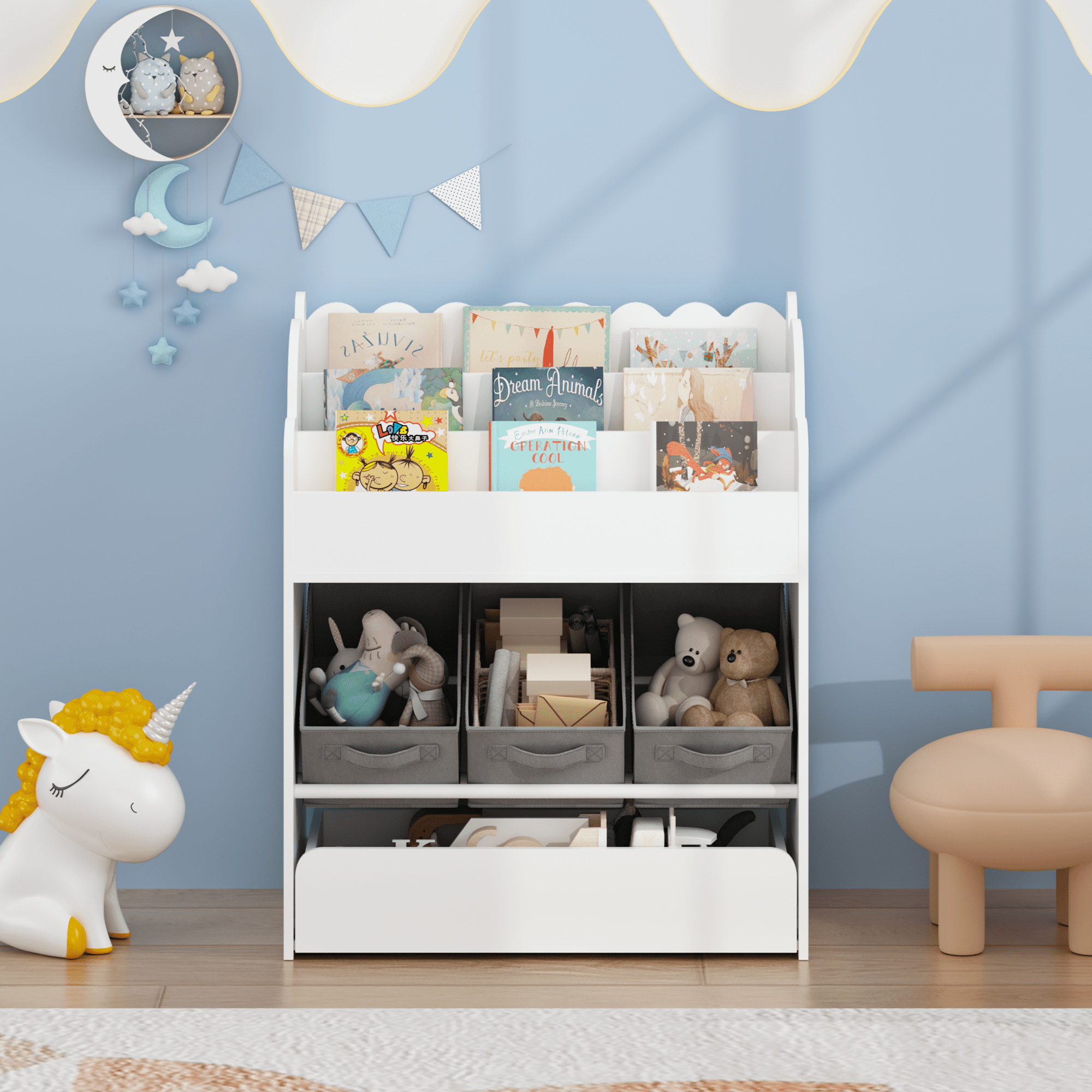 Kids Bookshelf with Storage Bins and Drawer, Multi-Functional Wooden Book Organizer for Toddlers, White Bookcase for Toys, Books and Nursery Room