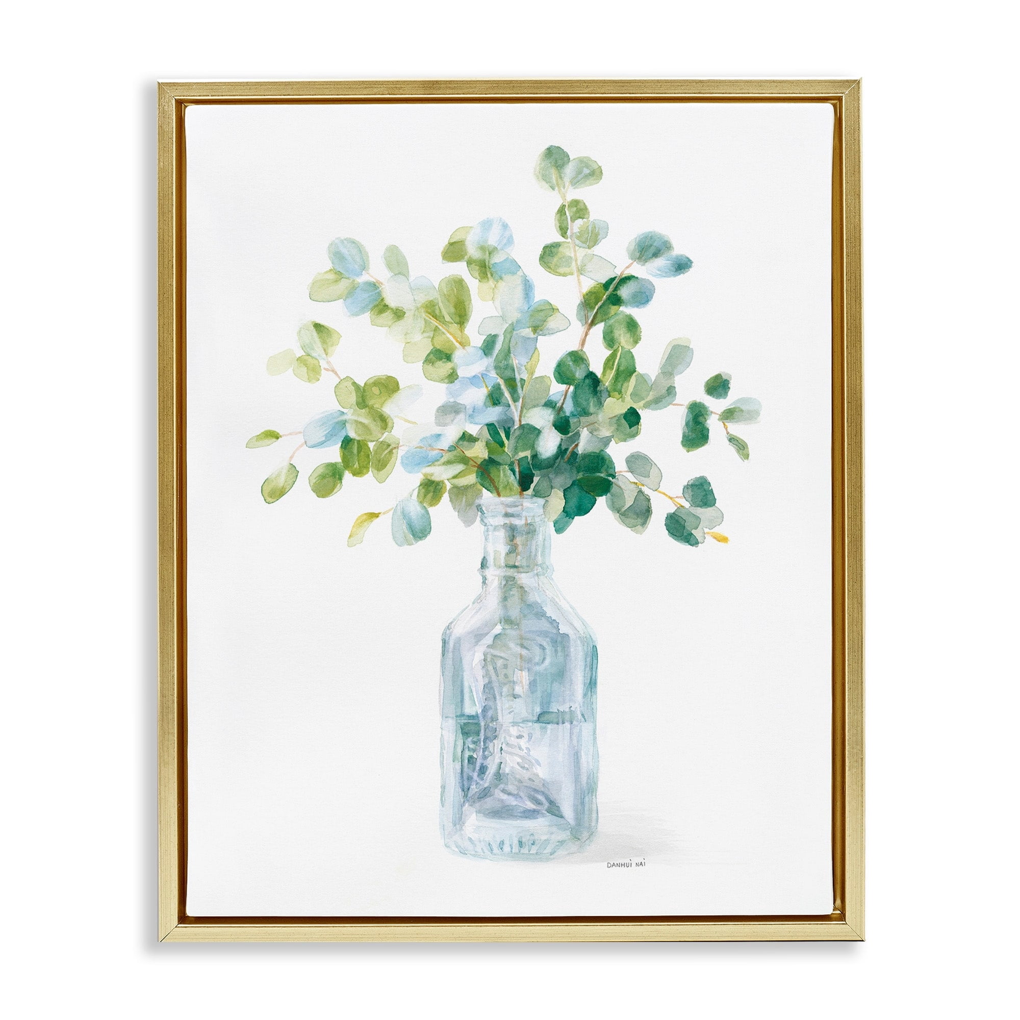 Stupell Industries Flower Jar Still Life Green Blue Painting Metallic Gold Framed Floating Canvas Wall Art, 24x30, by Danhui Nai