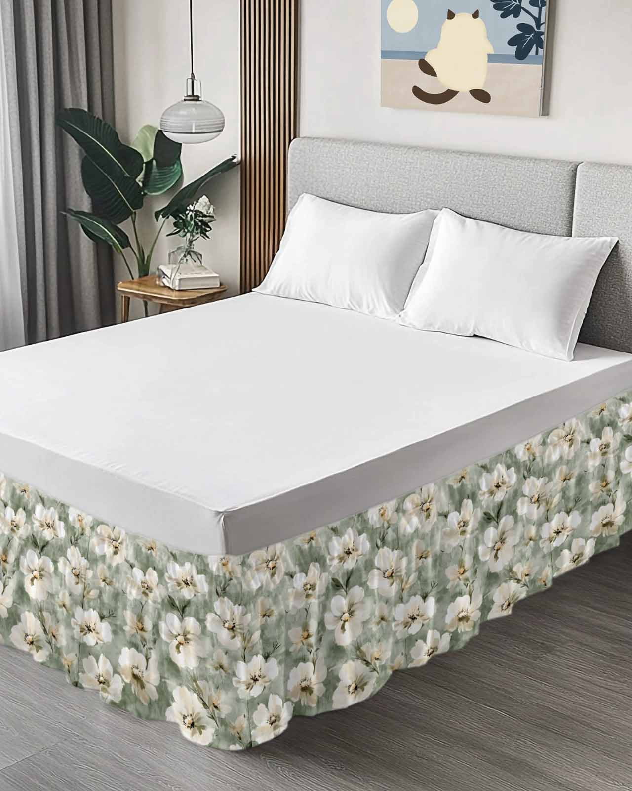 Sage Green Spring Floral Wrap Around Bed Skirts for King Bed 16" Drop, Bed Skirt with Adjustable Elastic Belt Dust Ruffle Bed Valance for Bedroom Hotel Luxury Summer Botanical Flowers Bed Frame Cover