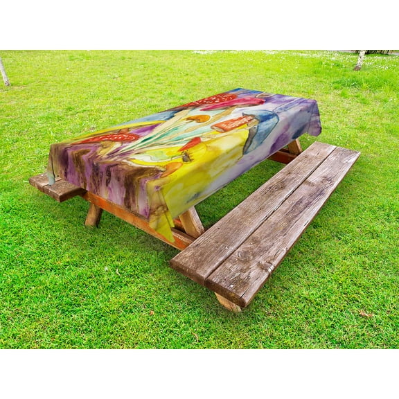 Psychedelic Outdoor Tablecloth, Watercolor Style Mushrooms with Dreamy Grungy Style Artistic Enchanted Forest Theme, Decorative Washable Fabric Picnic Tablecloth, 58 X 104 Inches, Multi, by Ambesonne