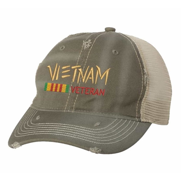 Vietnam War Hat - Distressed Military Trucker Cap - Vintage Veteran Strapback (Olive)