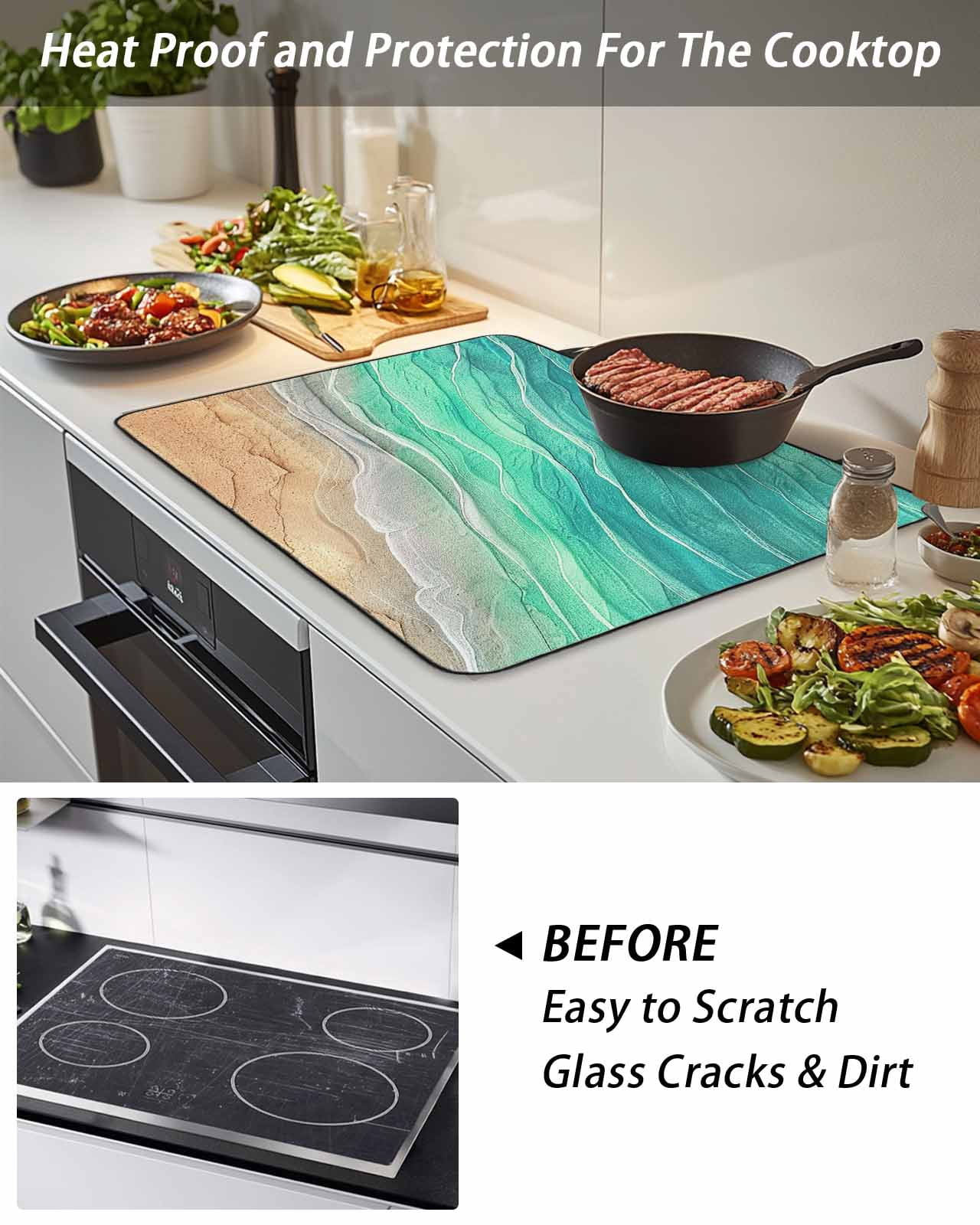Stove Top Covers for Electric Stove, Teal Ombre Coastal Glass Stovetop Cover Protector, Summer Nautical Beach Ocean Seaside Induction Cooktop Protector Oven Mat for Kitchen Countertop 31"x24"