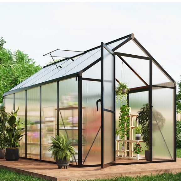 JoanKaren 6x10FT Outdoor Greenhouse,Heavy-Duty Aluminum Large Walk-in Green House for Garden with Roof Vent,Ground Nails,Lockable Push Door,Black
