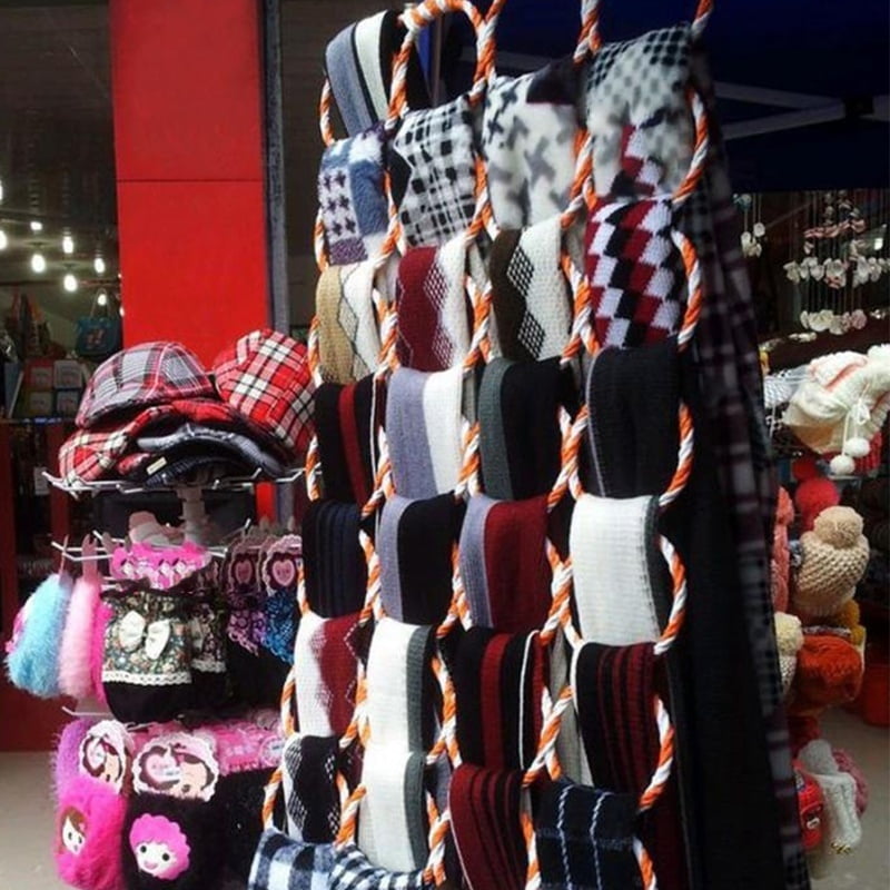 28-Circle Scarf & Tie Hanger Organizer - Foldable Steel Rack With Rattan Weave For Closet Storage